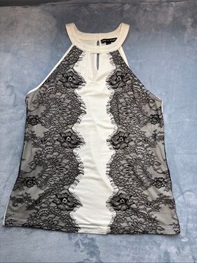 Cable & Gauge White Halter Camisole with Black Lace Overlay